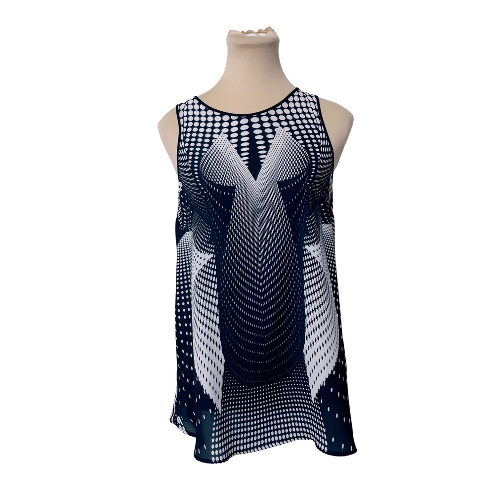 Clover Canyon Women Sleeveless Geometric Print Split‎ Back Blouse Navy White S